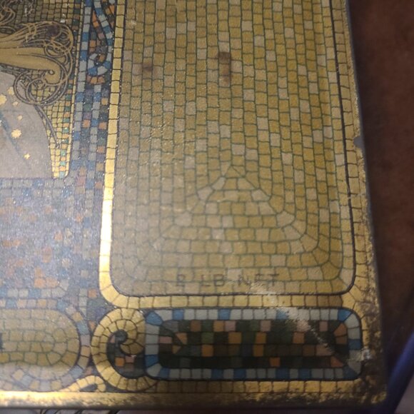 VINTAGE LGE 2 LB WHITMAN'S SALMAGUNDI ART MOSAIC TIN CANDY BOX ART NOUVEAU STYLE - Picture 5 of 9